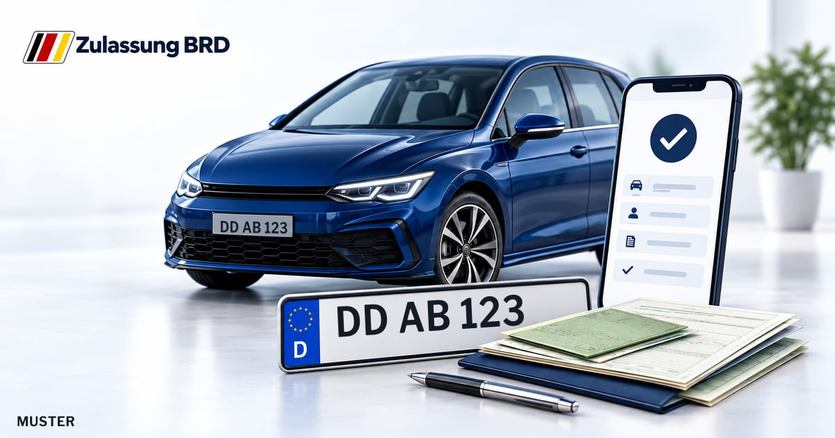 Online Fahrzeugzulassung in Dresden: Musterkennzeichen DD AB 123, Auto und Fahrzeugpapiere und Smartphone. Illustration mit Logo von Zulassung BRD.